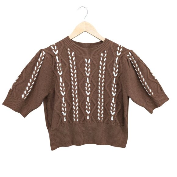 Commense Contrast Binding Cable Knit Sweater Womens Brown Cream 1/2 Sleeve Sz L - Picture 1 of 8